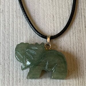 Lucky Trunk Up Aventurine Elephant Pendant Necklace Black Adjustable Cord Chain